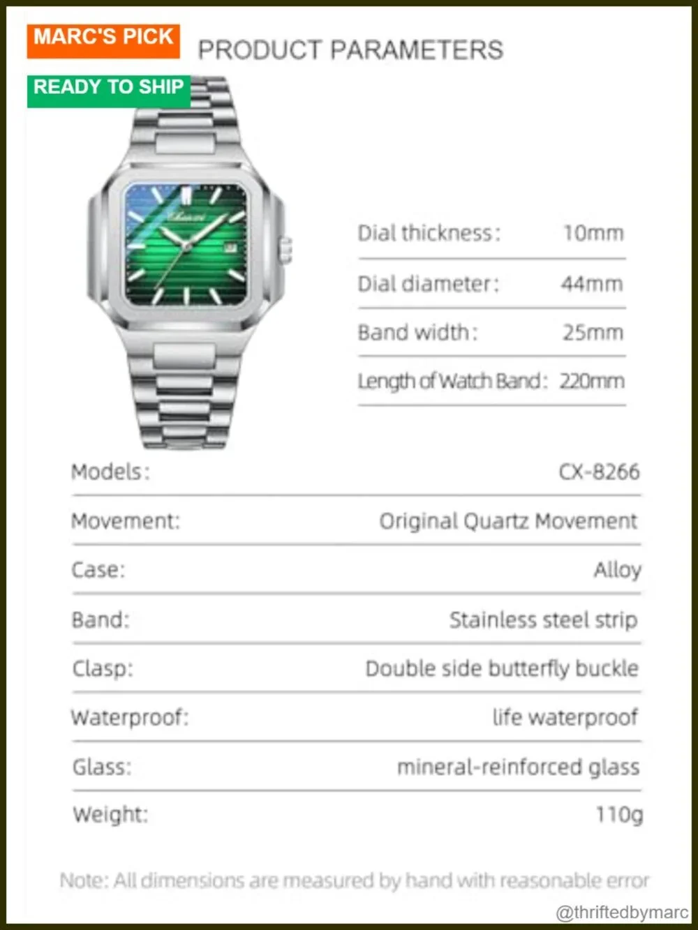 Men's Classic Square Stainless Steel Analog Quartz Dress Watch with Luminous